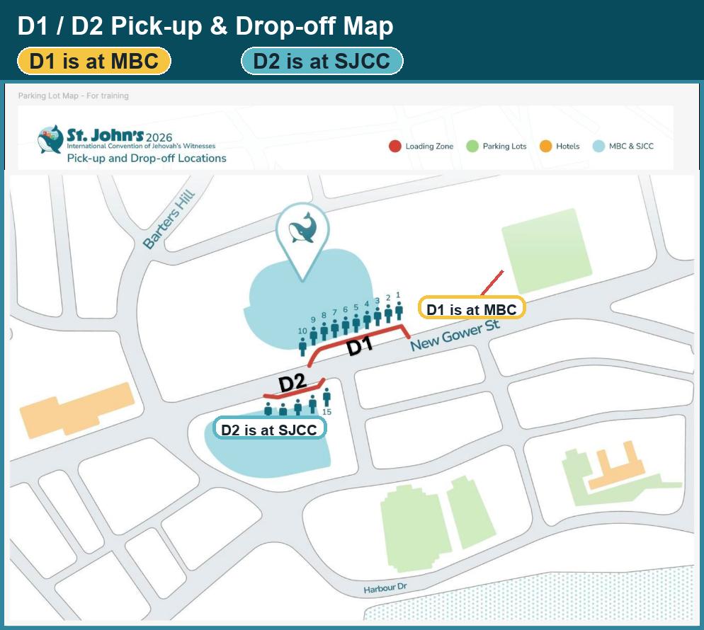 D1 and D2 pick-up and drop-off map with live check-in status markers